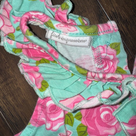 First Impressions Pink and Green Floral Romper - Picture 2 of 4